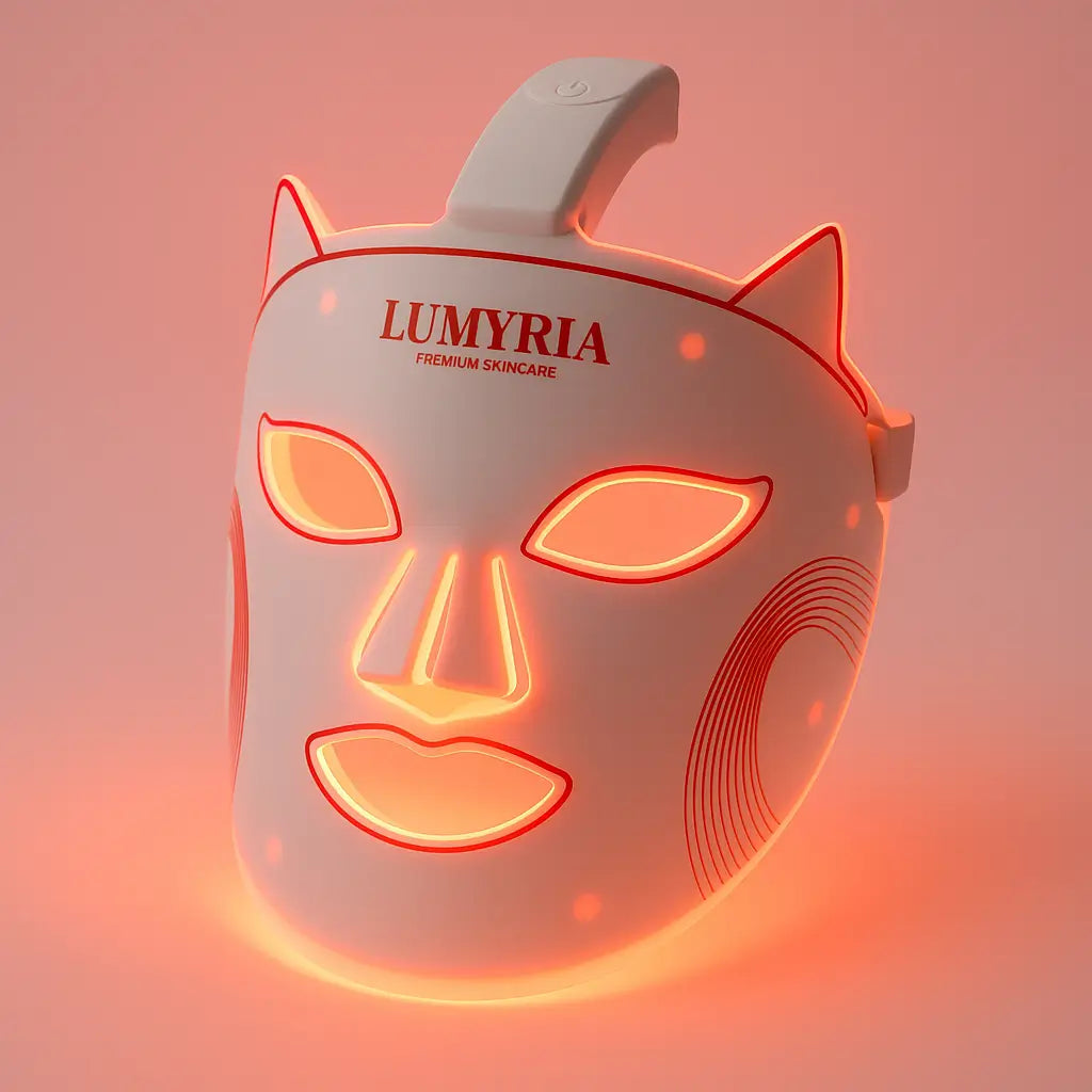 Halo Wireless Red Light Therapy MASK glowing red with illuminated eye, nose, and mouth areas for skincare treatment.