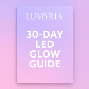 30-Day LED Glow Guide by Lumyria with a gradient purple and pink background for skincare and beauty routine.