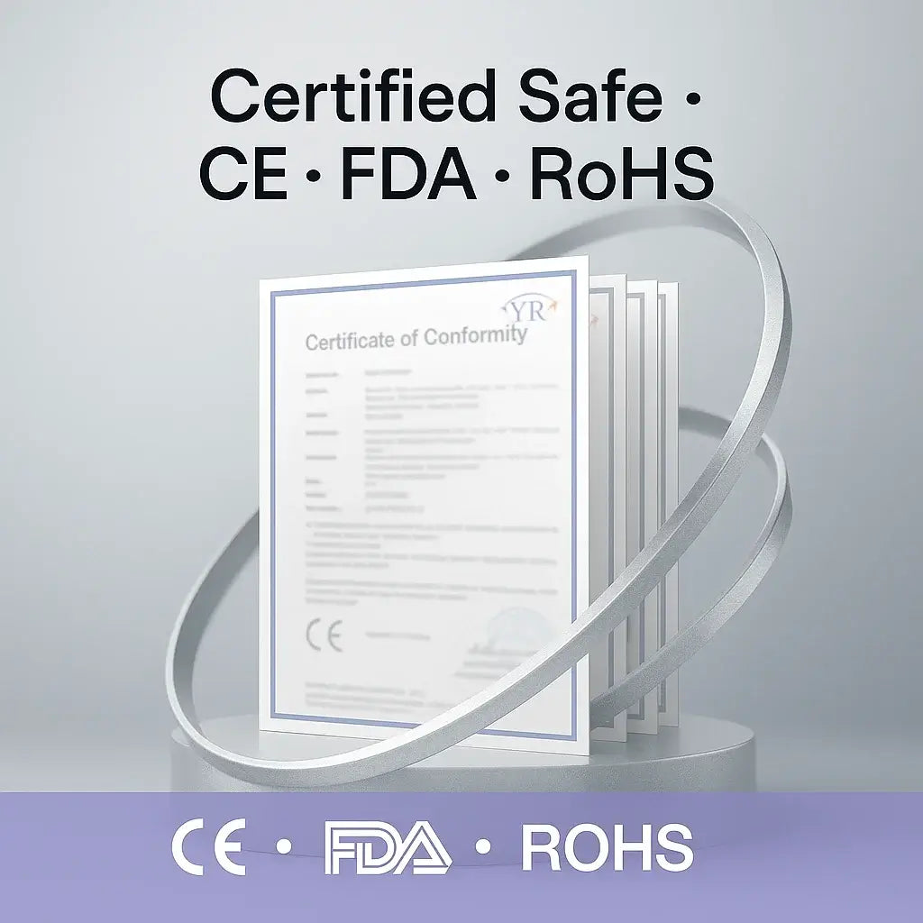 Certification compliance for Halo Wireless Red Light Therapy MASK including CE FDA and RoHS approvals.
