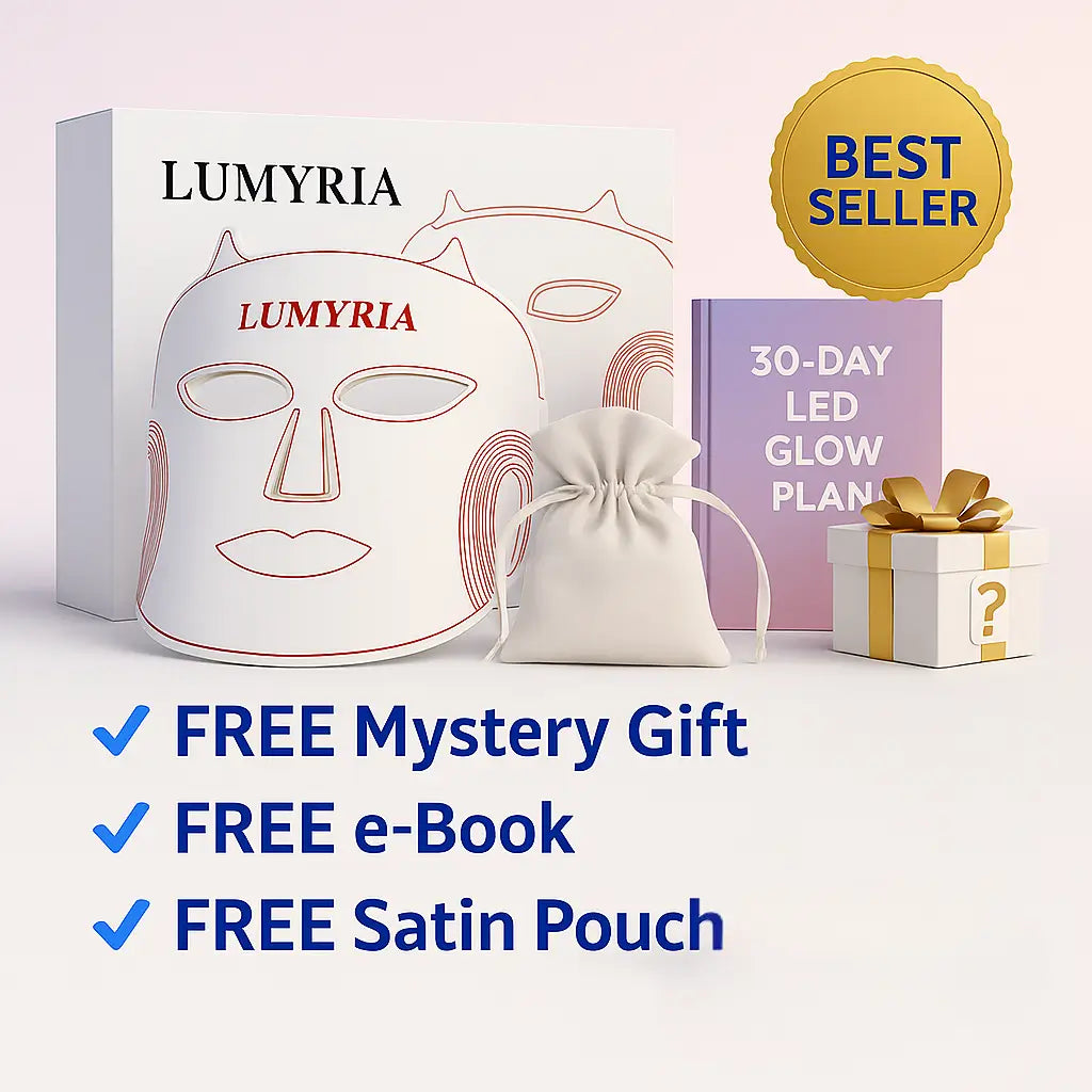 Halo Wireless Red Light Therapy MASK with LUMYRIA LED Mask, free mystery gift, e-book, and satin pouch included.